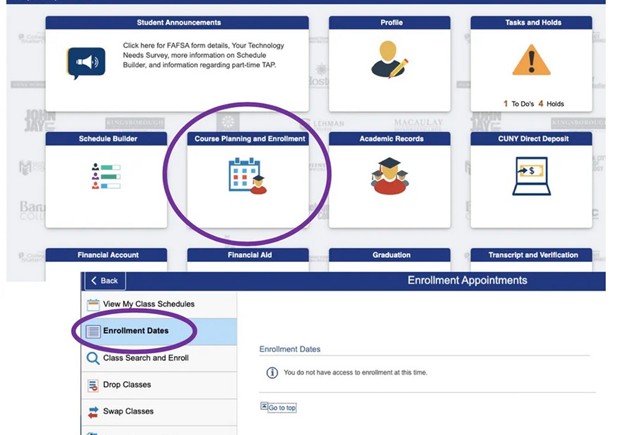 CUNYfirst screenshot course planning and enrollment dates